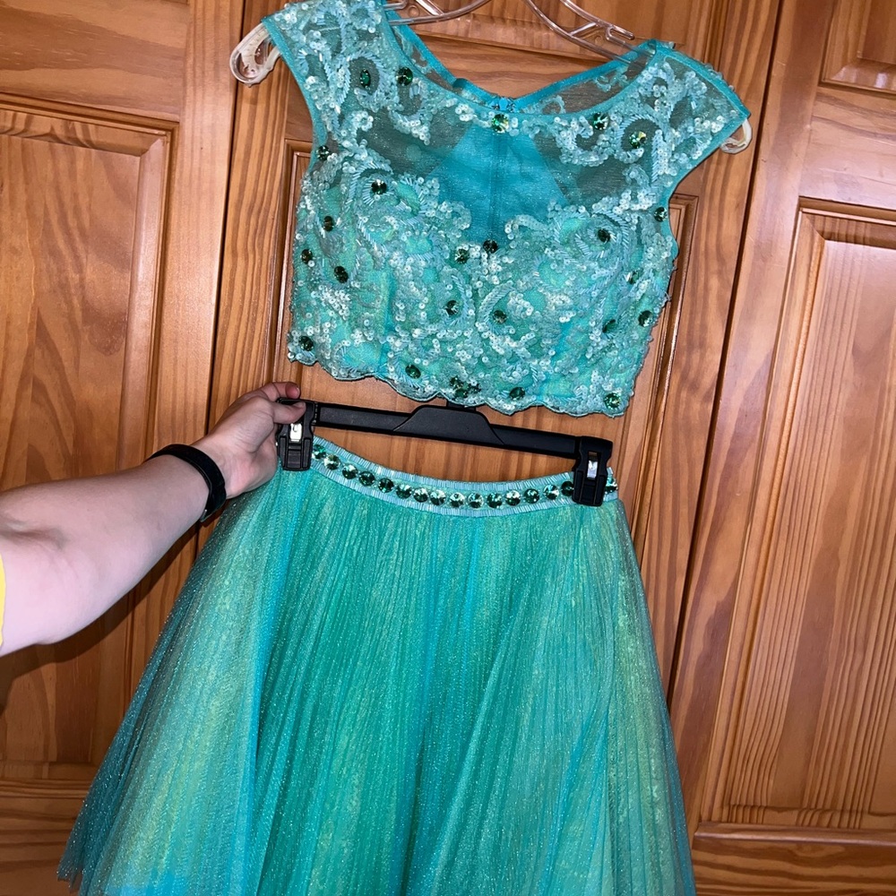 Sherri Hill Blue Prom Dress with Flutter Cap Sleeves
